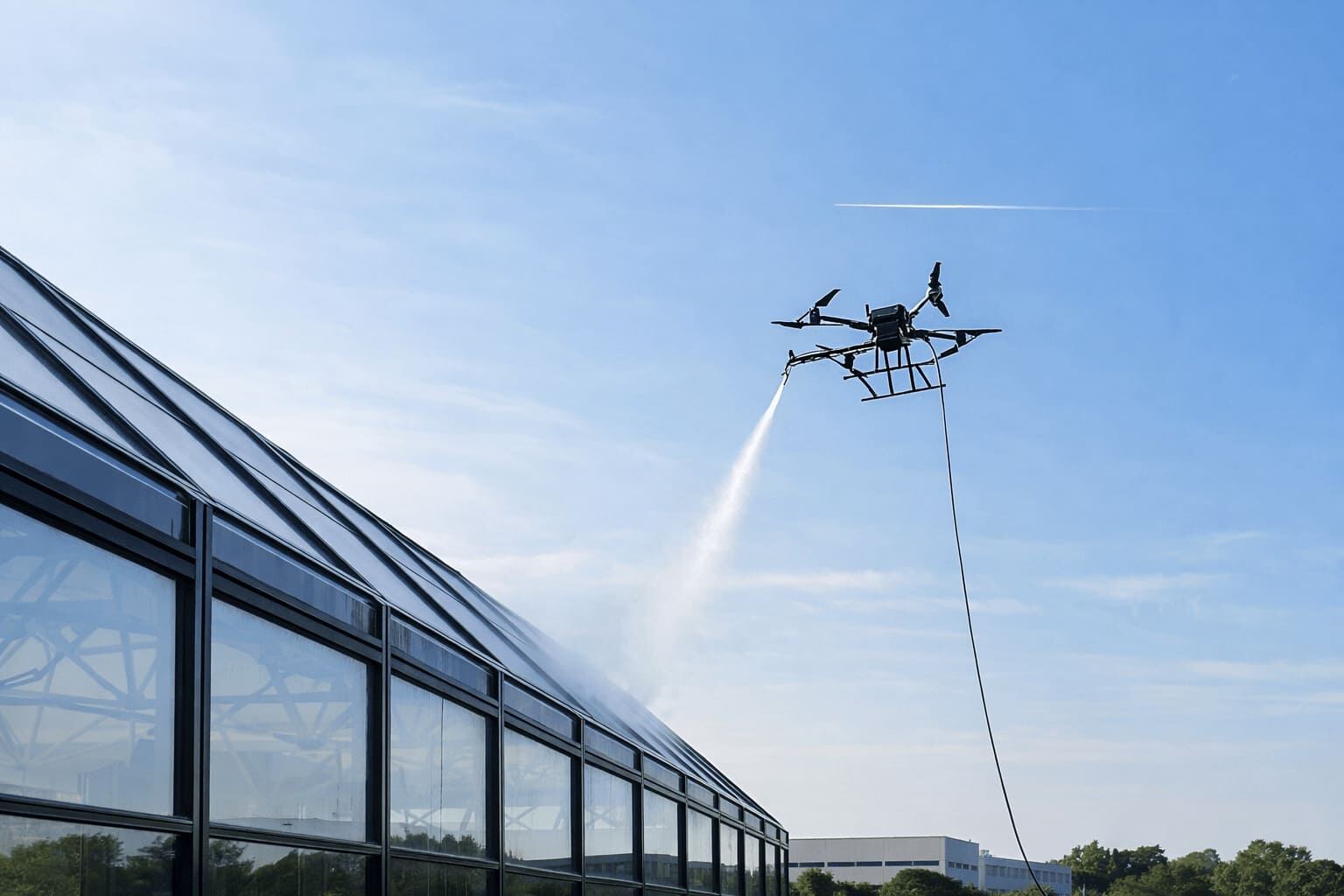 Drone professionnel survolant une façade vitrée